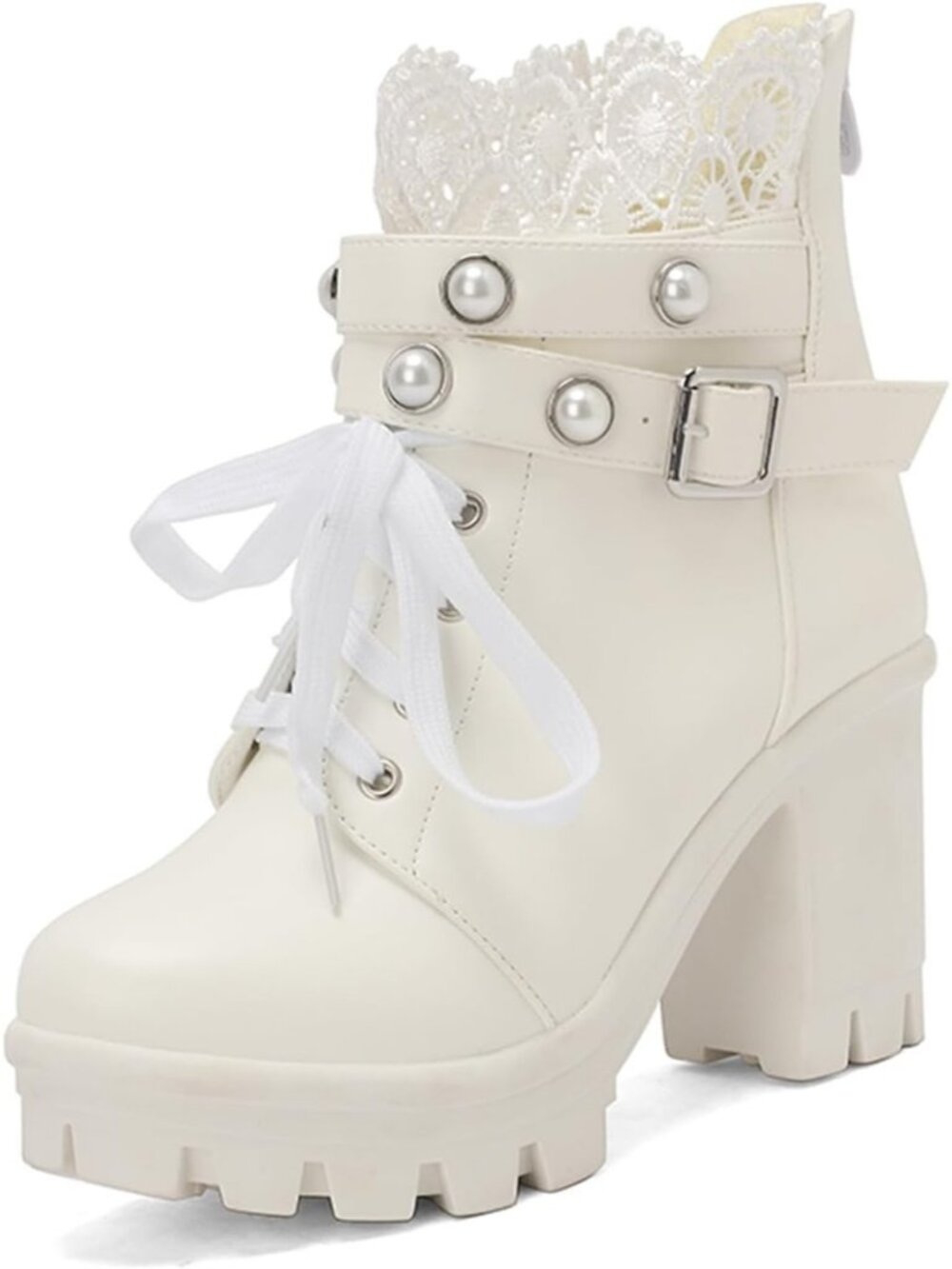 Women's Lace White Buckle Rivets Goth Block Heel Round Toe Zipper Ankle Boots